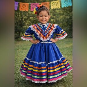 Vibrant Blue Kids Dance Folklorico Dress with Multicolor Stripes